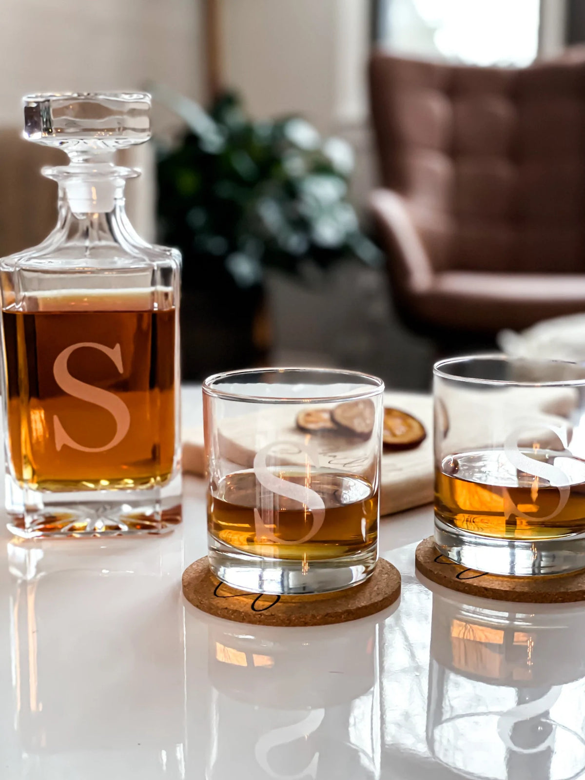 Engraved Decanter Set with Matching Glasses and Coasters