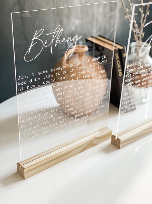 Custom Engraved Wedding Vows on Acrylic. Personalized Vow Keepsake