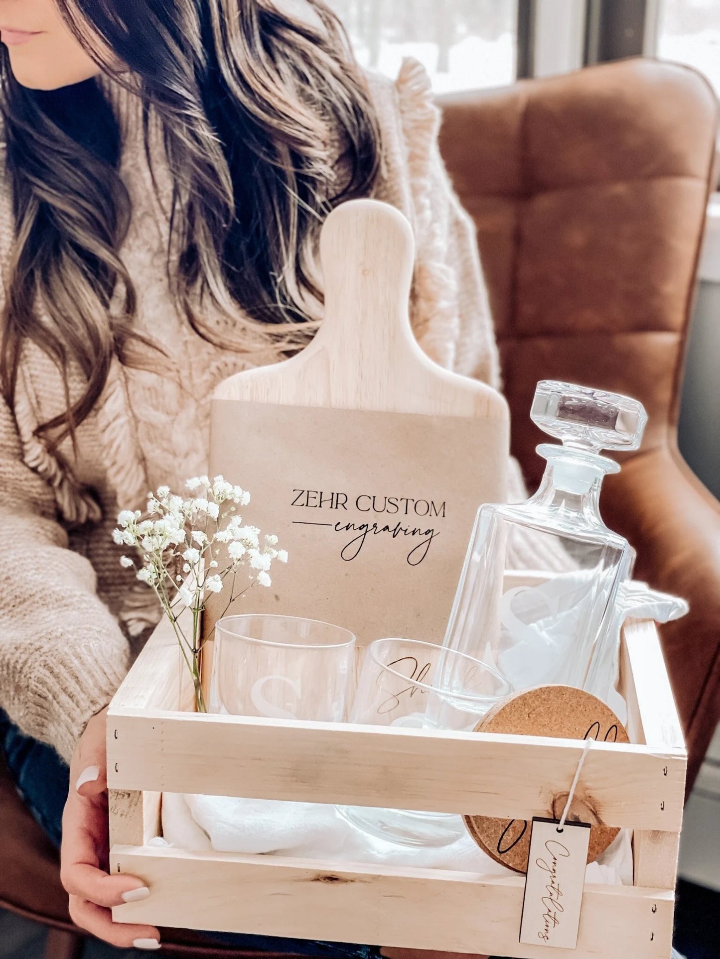 Personalized Whiskey Bundle. Engraved Decanter Set in Gift Crate.